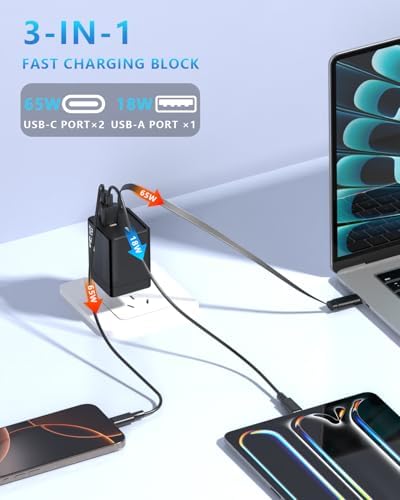 Powerful 65 W Ga N USB-C Charger with Retractable Cable – Dual Port Compact Fast Charging Adapter for i Phone 15/16 Pro, i Pad, Mac Book & Galaxy Devices – Ultimate Portability & Enhanced Compatibility