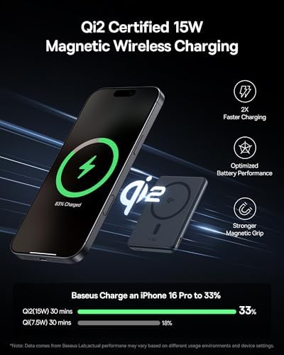 Baseus Picogo 5000 m Ah Magnetic Power Bank – Ultra-Compact Qi2 Certified 15 W Wireless Charger with Built-in Stand for i Phone 16/15/14/13/12 Series – Lightweight Alloy Design for On-the-Go Convenience and Fast Charging Solutions