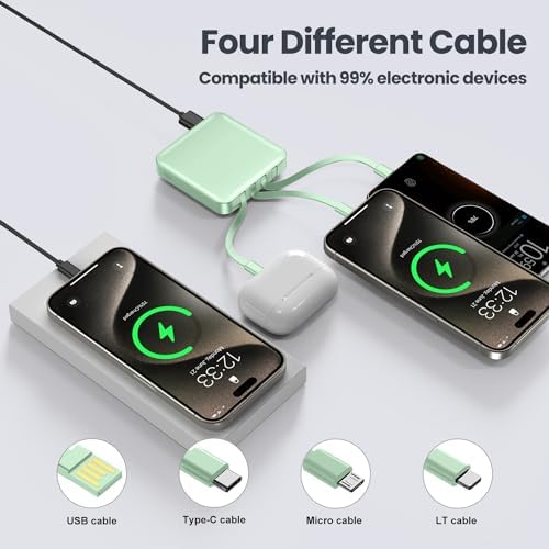 Ultra-Compact 12000 m Ah Fast Charging Power Bank with Built-in Cables – All-in-One Portable Charger for i Phone, Tablets & Samsung Devices, Featuring USB C Input/Output and LED Battery Display for Maximum Efficiency and On-the-Go Convenience