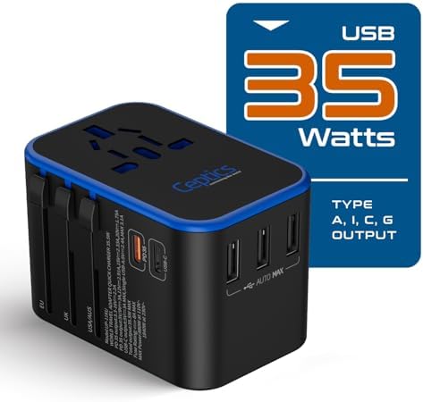 Ultimate Universal Travel Adapter: 35 W Fast Charging Power Converter with PD & QC 3.0, Dual USB-C & Triple USB Ports for Seamless Global Connectivity – Compatible with Type A, C, G, I Outlets for Effortless Charging Across EU, US, UK & Beyond – Perfect Travel Companion for Modern Explorers