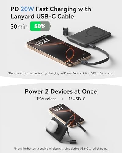 Ultra-Slim Mag Safe Portable Charger – INIU 20 W 5000 m Ah Magnetic Power Bank with Qi2 Certification, Fast Wireless Charging, Lanyard USB-C Cable & Kickstand for i Phone 12-16 – Compact Power Solution for On-the-Go Users