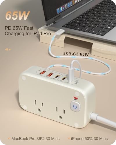 Ultimate 7-in-1 Power Strip with 65 W Ga N Technology | Flat Plug Design for Space-Saving | 3 USB-C & 2 USB-A Ports for Rapid Charging | 2500 W AC Outlet for Home, Office, College & Travel | Versatile Surge Protector for All Devices