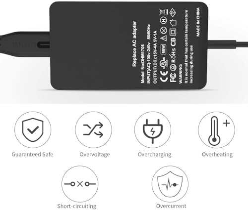 High-Speed 65 W Surface Pro Charger – Universal 15 V 4 A Power Adapter for Microsoft Surface Devices – Fast Charging & USB Port for Extra Device Compatibility – Reliable Replacement for Surface Pro X/9/8/7/6/5/4/3, Surface Laptop, Surface Go, and Surface Book Series – Enhanced Safety Features & Durable Design for Long-lasting Performance