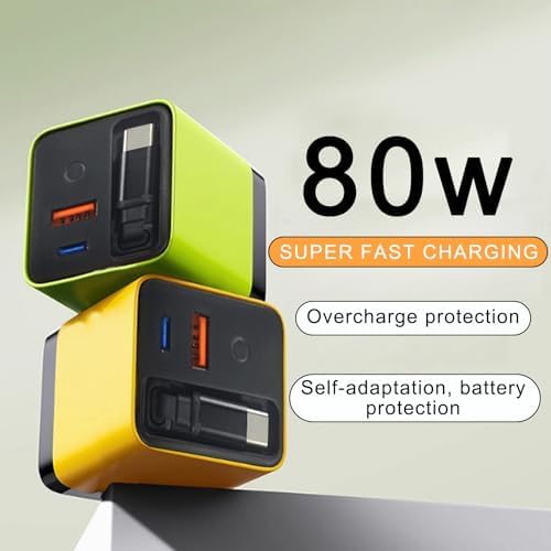 Ultra-Fast 80 W Ga N 3-in-1 Charger with Retractable Plug – Versatile Charging Hub with Type-C Cable & Dual USB Ports for Seamless Device Connectivity – Compact Travel Essential for Phones and Tablets