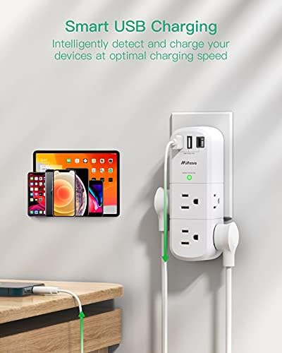 Mifaso 6-Outlet Surge Protector with 3 USB Fast Charging Ports – Rotating Plug Power Strip for Home, Travel, and Dorm Room Use – 1800 Joules of Protection with 3-Sided Swivel Design for Maximum Accessibility and Device Compatibility