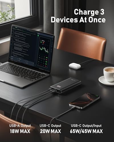 VEEKTOMX 65 W 20000 m Ah USB-C Portable Power Bank – Fast Charging Solution for Laptops, Smartphones & More – Ideal for Travelers with Multi-Device Support and Airline Compliance – Enhanced Safety with Overcharge Protection & LED Battery Monitor – Charge Mac Book, Dell, i Phone, and More Efficiently – Ultimate On-the-Go Power Supply