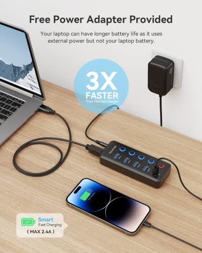 Revolutionize Your Workspace with Wenter 5-Port USB 3.0 Hub – High-Speed Data Transfer & Smart Charging Technology for PC and MAC, Featuring Individual LED Switches and 15 W Power Supply for Ultimate Control and Efficiency