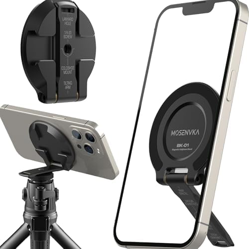 Versatile Magnetic Phone Stand for i Phone 12-16 | Lightweight Foldable Tripod Mount & Desk Holder | Secure Grip for Travel & Photography | 1/4″ Screw & Cold Shoe Compatibility for Tripods & Cameras | Perfect for Video Calls, Streaming, and Content Creation