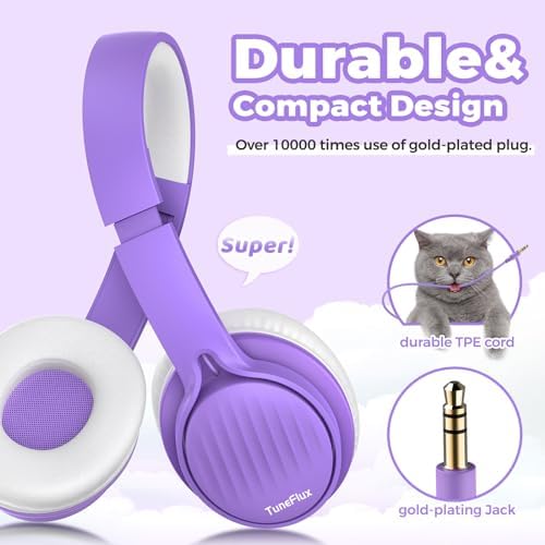 Tune Flux Safe Sound Kids Headphones – Wired Toddler Audio Gear with 85 d B Volume Limiting for Hearing Protection – Comfortable Foldable Design in Purple for School, Travel, and Tablet Use – Premium Stereo Sound for Young Listeners