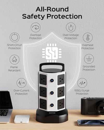 JACKYLED Power Strip Tower Surge Protector with 12 Outlets and 6 USB Ports (2 USB-C) – High-Speed Charging Station with 1050 Joules Protection, 1625 Watts, 6.5 ft Extension Cord for Enhanced Home Office Efficiency and Device Safety