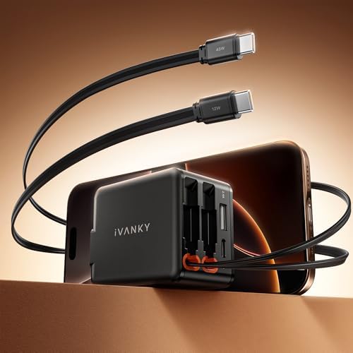 i VANKY 84 W Retractable Wall Charger – 4-Port USB Power Adapter with Dual Cables for Fast Charging – Compact Travel Solution for i Phone 16/15, i Pad, Samsung – Smart Charging Hub for Home and Office Efficiency
