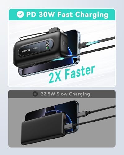 Ultra-Fast 30 W Retractable Portable Charger – 10,000 m Ah Power Bank with Built-In Cables for i Phone, i Pad & Samsung – Airline-Approved Travel Powerbank with Smart Display & Detachable Strap for Ultimate Convenience