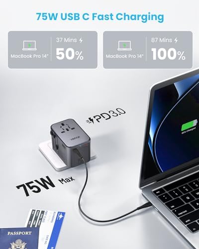 VINTAR Universal Travel Adapter 75 W Ga N Technology: Ultimate All-in-One Power Converter with 3 USB-C PD and 2 USB-A Quick Charge Ports for Global Use – Compact Power Solution for Laptops & Smartphones in 200+ Countries – Reliable Performance with Safety Features for Hassle-Free Charging