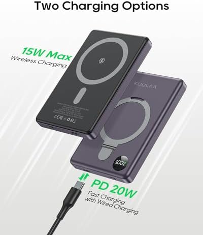 Kuulaa 10000 m Ah Magnetic Power Bank with LED Display – PD 20 W Fast Charging, Ultra-Slim Portable Charger for i Phone 16/15/14/13/12 – Mag Safe Wireless Battery Pack with Built-in Stand for Enhanced Mobility and Convenience