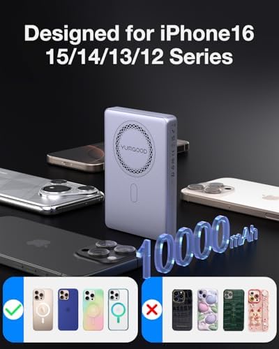 Magnetic Power Bank for i Phone 12/13/14/15/16 – 10,000 m Ah Ultra-Slim Wireless Charger with 15 W Fast Charging, Dual Device Support, and 20 W PD Wired Compatibility – Snap-On Design for Secure Charging with Enhanced Safety Features and Included Lanyard Data Cable for Effortless Power Management on the Go