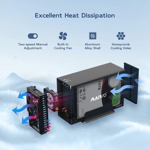 MAIWO Dual Bay Hard Drive RAID Enclosure – 48 TB Storage Solution with 5 Gbps USB 3.0 Connectivity, Premium Aluminum Design, and Cooling Fan for Optimal Performance – Supports RAID 0/1/JBOD/PM Configurations for Enhanced Data Management and Security