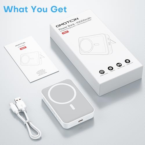 OMOTON 10,000 m Ah Magnetic Power Bank with Foldable Stand – Fast Charging Battery Pack for i Phone 15 and Above, Enhanced LED Display for Real-Time Monitoring, Sleek Gray and White Design for Ultimate Portability and Style
