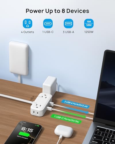 Compact TROND Travel Power Strip with USB Charging Ports – 5 ft Flat Plug Extension Cord for Seamless Device Connectivity in Dorm Rooms and Offices – Essential Travel Adapter for Multiple Outlets and Enhanced Compatibility