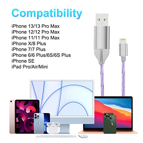 Illuminate Your Charging Experience with the 2 M/6 FT LED Lightning Charge Cable – Enhanced Apple Charger for Quick Sync and Data Transfer, Compatible with i Phone 13/12 Pro Max, 11 Pro, XR, XS Max, X, 8, 7, SE 2020, i Pad, and i Pod (Vibrant Blue) – Durable, Extra Long, Fast Charging Solution for Effortless Use in Low-Light Environments