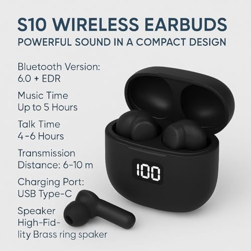 Havennova S10 Bluetooth 5.3 Wireless Earbuds – Premium Noise Cancelling Headphones with Rich Bass and Ergonomic Comfort for Non-Stop Listening – Up to 5 Hours Music Playback & 4-6 Hours Talk Time – Sleek Black Design for Effortless Style and Universal Compatibility