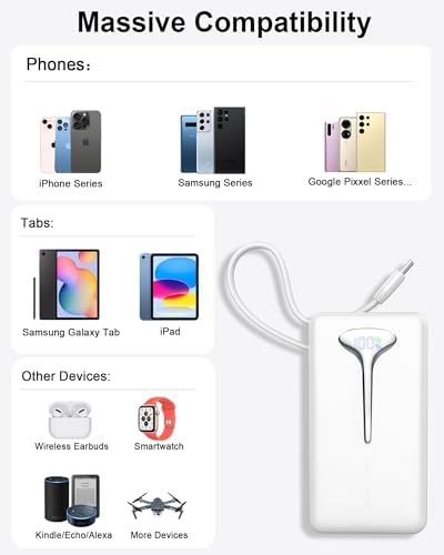 High-Capacity 10000 m Ah USB-C Power Bank with 22.5 W Fast Charging – Travel-Ready Portable Charger Featuring Built-in Cables, Triple Output Ports & HD LED Display for Efficient Device Charging on the Go