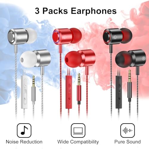 Experience Superior Sound with Premium 3-Pack Wired Earbuds – Ultra-Lightweight In-Ear Headphones with Microphone for Seamless Use Across Laptops, Tablets & MP3 Players – Advanced Noise Isolation for Distraction-Free Listening – Ideal for Fitness, Commuting, and Everyday Audio Enjoyment – Integrated Volume Control for Effortless Adjustments