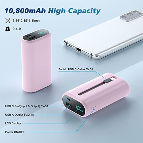 Compact 10800 m Ah Portable Charger with Built-in USB-C Cable – Fast PD 3 A Power Bank for Samsung Galaxy S22/S21, Note, Moto, and LG – LCD Display for Real-Time Battery Monitoring – Ultimate Solution for Mobile Charging Needs