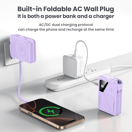 Revolutionary 3-in-1 Magnetic Wireless Power Bank – 10,000 m Ah Capacity with Built-in Cables and AC Plug – 22.5 W Fast Charging for i Phone 15/14/13/12, Apple Watch, and Air Pods – Ultimate Travel Companion for Seamless Device Charging