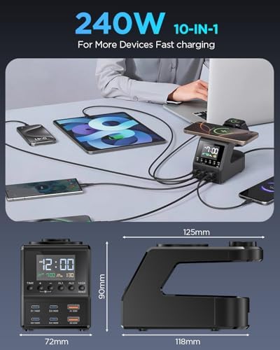 240 W Multi-Device Charging Station: 8-Port USB-C & Wireless Charger for i Phone, Mac Book, Android, i Pad – Fast, Safe Power Hub with Time Display & Smart Protection Features for Home & Office Organization