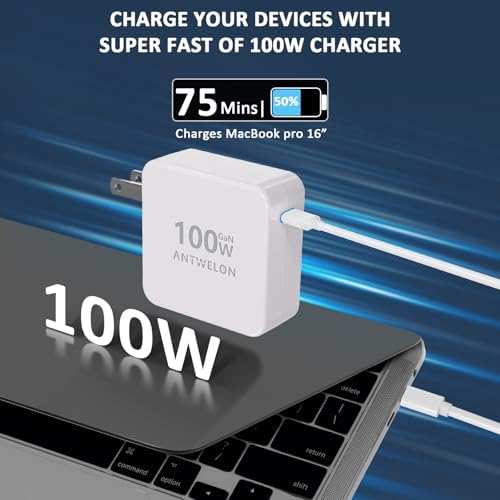 100 W GAN III USB-C Wall Charger with PD3.0 – High-Speed Compact Power Adapter for Mac Book Pro, i Pad Pro, Galaxy S23/S22, and More – Includes 6.6 Ft USB-C Cable for Ultimate Flexibility – Advanced Safety Features for Rapid, Reliable Charging