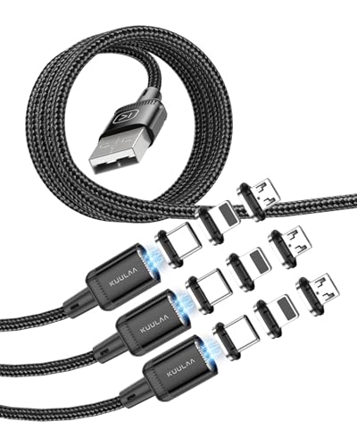 Revolutionize Your Charging with Kuulaa 3 Pack Magnetic Charging Cables – Fast 3 A Power Delivery, 3-in-1 Interchangeable Tips for Lightning, Micro USB & Type-C, Durable Nylon-Braided Design for Ultimate Reliability and Convenience