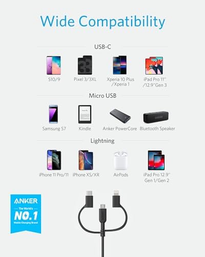 Anker Powerline II 3-in-1 Charging Cable – Lightning, Type-C & Micro USB Compatibility for Fast Charging Across i Phone, Android & More – Durable 3 ft Length, Tangle-Free Design for Home & Travel Use – Universal Device Support with Reinforced Construction
