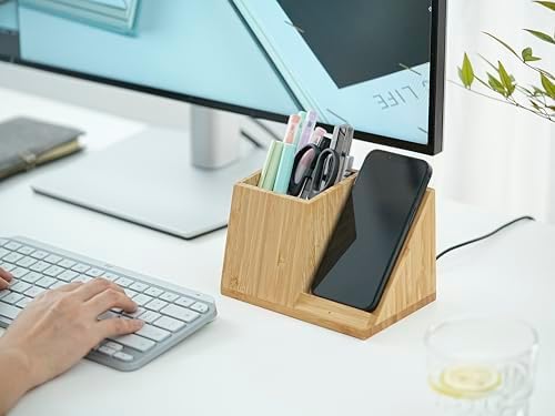 Eco-Friendly Bamboo Desk Organizer with 10 W Wireless Charging Station – Fast Charging and Stylish Pen Holder for i Phone & Samsung Devices, Perfect Home Office Accessory for Enhanced Productivity and Clutter-Free Workspace