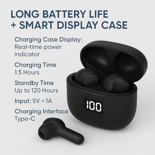 Havennova S10 Bluetooth 5.3 Wireless Earbuds – Premium Noise Cancelling Headphones with Rich Bass and Ergonomic Comfort for Non-Stop Listening – Up to 5 Hours Music Playback & 4-6 Hours Talk Time – Sleek Black Design for Effortless Style and Universal Compatibility