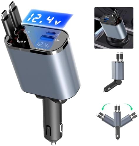 Paiholy 66 W 4-in-1 Retractable Car Charger – Dual USB Fast Charging Station with Dual i Phone Cables for i Phone 14/13/12/11 Pro Max/XS MAX and i Pad – Real-Time Voltage Display, Compact Design for Effortless Travel Convenience