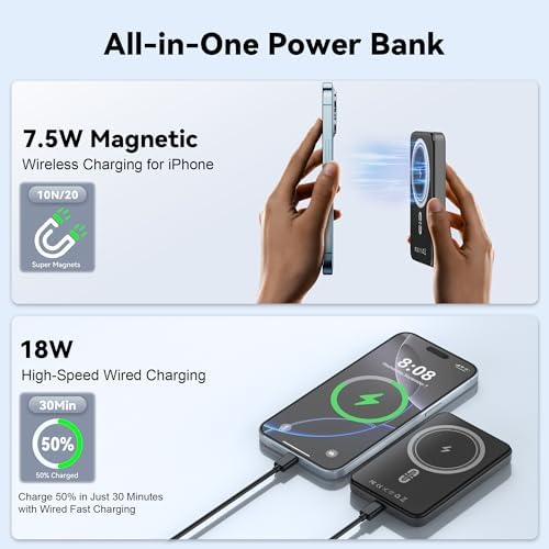 Ultra-Slim Magnetic Power Bank 5000 m Ah – Fast Charging Portable Charger for i Phone 12 to 16, Lightweight Mag Safe Battery Pack with Type-C Cable for Effortless Power on the Go