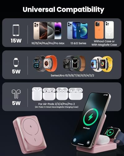 3-in-1 Qi2 Certified Wireless Charging Station – 15 W Fast Magnetic Charger for i Phone 16/15/14/13/12, Apple Watch, Air Pods – Foldable Design with 30 W USB-C Adapter for Ultimate Compatibility and Efficiency – Elevate Your Charging Experience with Enhanced Safety Features and Versatile Viewing Angles