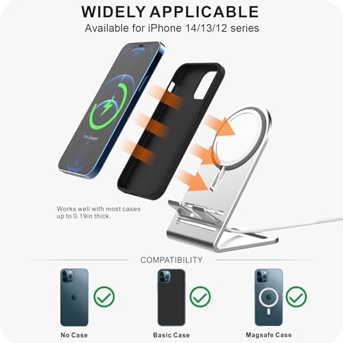 HALLEAST for Magsafe Charger Stand, Updated Aluminum Alloy Charging Holder Perfectly Compatible with for Apple iPhone 16/15/14 Plus/14 Pro Max/14 Pro/14/13 Mini for 16/15/14/13/12 Series, Silver – Enhanced Compatibility and Speed