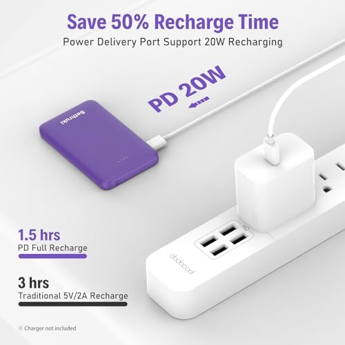 Ultra-Slim 20 W Fast Charging Power Bank with Built-in USB C Cable – 6000 m Ah Lightweight Portable Charger for i Phone 16, 15, Samsung & Android Devices – Essential Travel Battery Pack for On-the-Go Power Needs