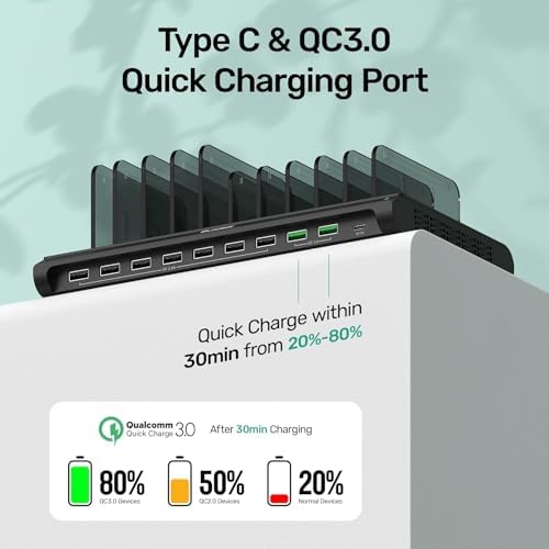 Ultimate 10-Port USB Charging Station with QC3.0 – 60 W Multi Charger Hub for Tablets & Smartphones, Customizable Dividers for Organized Power Management, Fast Charging Technology for Home & Office Use