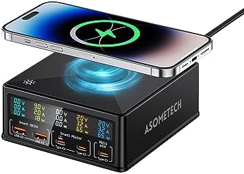 Upgrade Your Power Game with the 160 W 5-Port USB C Charging Station – Multi-Device Fast Charge Hub Featuring 65 W Power Delivery, QC3.0, Wireless Charging, and LCD Power Monitor – Perfect for Mac Book, Laptops, i Pads, i Phones, and Samsung Devices – The Ultimate Solution for Streamlined and Efficient Charging Across Multiple Devices