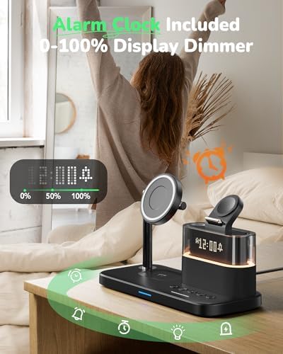 Ultimate 5-in-1 Wireless Charging Station with Alarm Clock and Night Light – Sleek Mag-Safe Dock for i Phone 16/15/14/13/12, Apple Watch & Air Pods – Fast Charging & Space-Saving Design for Nightstand Organization
