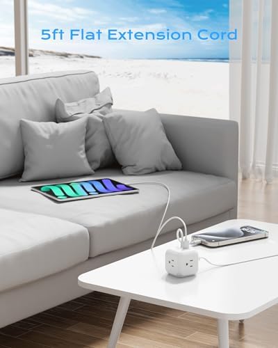 Compact Power Strip Cube with 3 AC Outlets & 3 USB Ports (2 USB-C) – 900 Joules Surge Protection & 5 ft Flat Plug Extension Cord for Home Office & Travel – Versatile Charging Station for Enhanced Device Compatibility & Safety