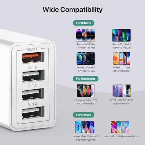 Revolutionize Your Charging Routine with Our 4-Port USB Wall Charger – Ultra-Fast QC 3.0 Adapter for i Phone 12-15, LG, Google Pixel & More – Compact, Reliable Power Solution for Home and On-the-Go Charging