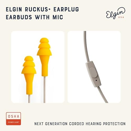 Elgin Ruckus+ OSHA Compliant Earplug Earbuds – 25 d B Noise Reduction Wired Headphones with Built-in Mic for Clear Communication – Sweatproof Design for Construction & Industrial Use – Enhanced Device Compatibility for Seamless Connectivity and Comfort