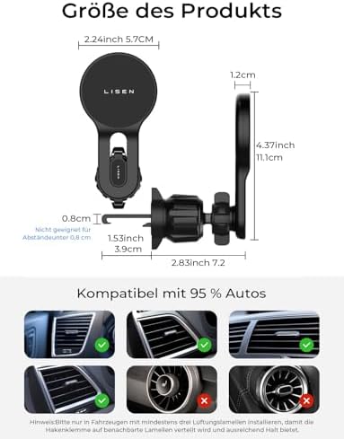 LISEN Qi2 15 W Mag Safe Car Mount Charger – Fast Wireless Charging Solution for i Phone 16 Pro Max, 15/14/13 Mini & Samsung Devices – Secure Magnetic Vent Holder for Hands-Free Navigation – Sleek, Durable Design for Enhanced Driving Convenience