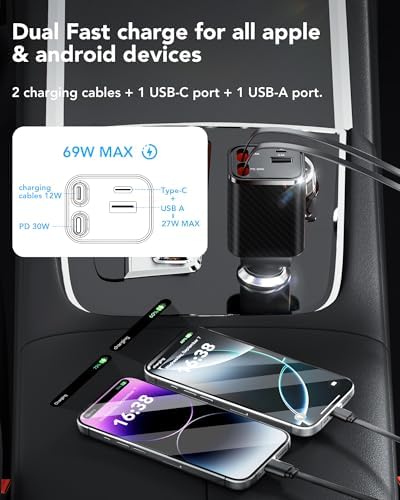 2025 Ultra-Compact 4-in-1 Retractable Car Charger – 69 W Fast Charging Adapter for i Phone 16, Galaxy and More – Innovative Space-Saving Design with Multiple Ports for Simultaneous Device Powering – Essential Car Accessory for Daily Commutes and Road Trips