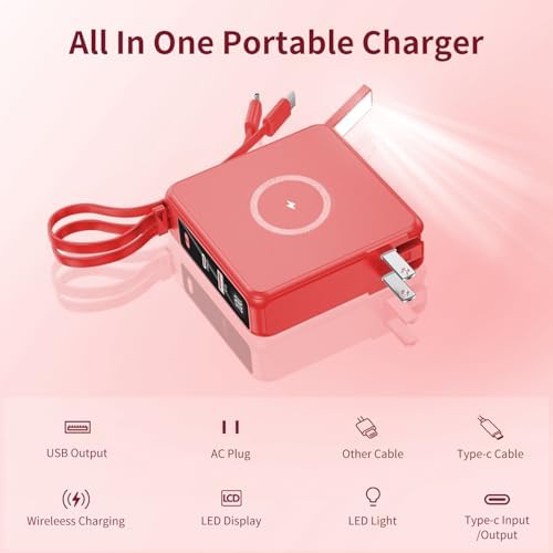 Ultimate 10,000 m Ah Portable Charger with Built-in Cables & AC Plug – PD 22.5 W Fast Wireless Power Bank for i Phone 16/15/14, Samsung S23/S22, Android Devices – Effortless Charging Anytime, Anywhere