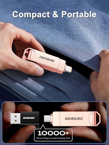 256 GB Rose Gold Flash Drive for i Phone & i Pad – Instant Storage Expansion, Plug & Play USB Memory Stick for Photos, Videos, and Backups – Compatible with Android & PC – Fast Transfer Speeds, No App Required, Ideal for Travel and Seamless Media Playback