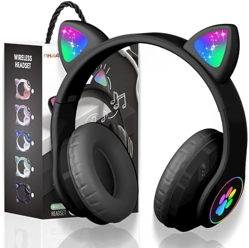 Playful Cat Ear Bluetooth Headphones for Kids – Foldable Over-Ear Design with LED Lights, Safe Listening Volume Control, Built-in Microphone, and Multi-Device Connectivity – Ideal for Music, Movies, and Gaming on i Phones, i Pads, Smartphones, and More!
